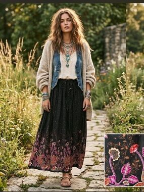 23. Millenium Black
Floral Batik Sequin Tiered Cotton Maxi Skirt 2X Boho